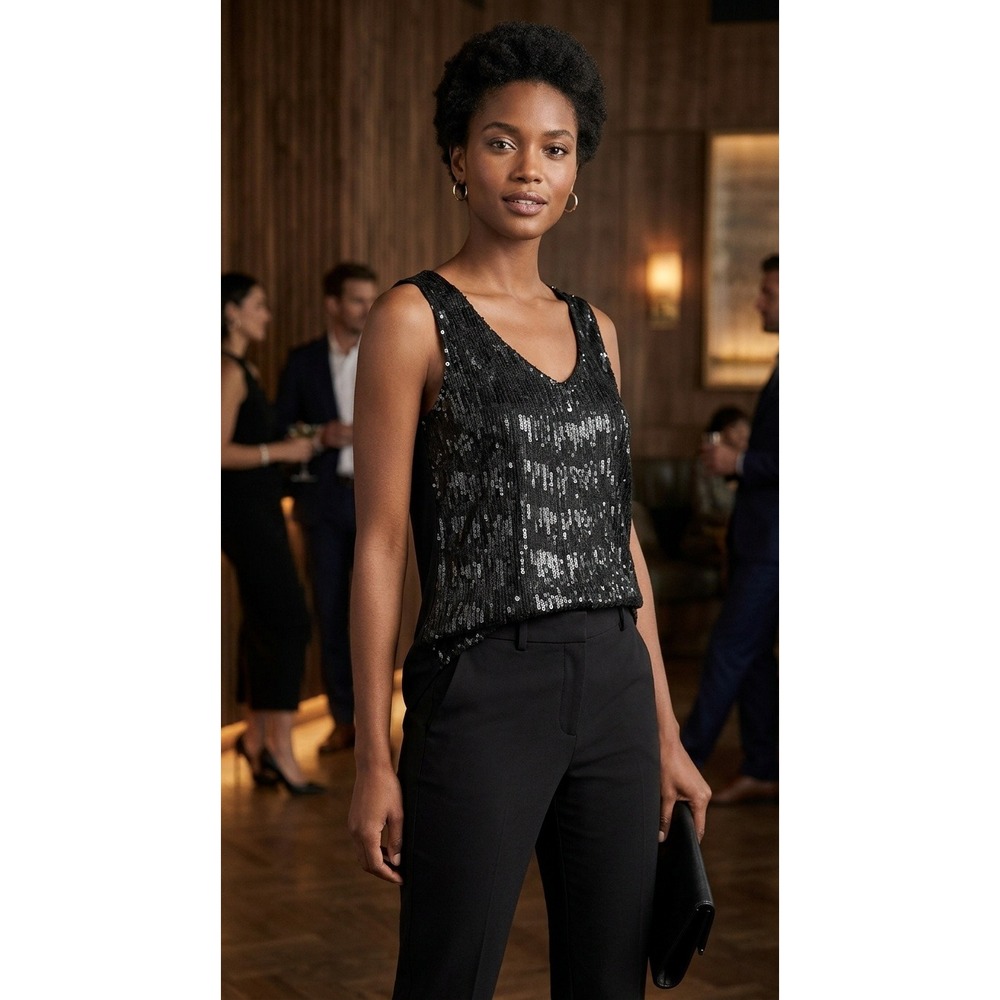 Worthington Tank Top Womens XL Black Sequin Sleeveless V Neck Elegant Polyester